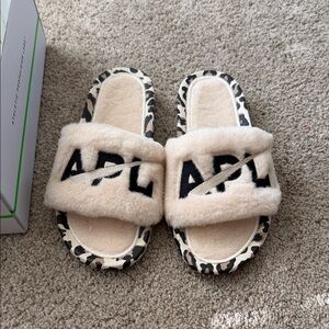 APL Beige Fuzzy Slide Sandals with Leopard Trim